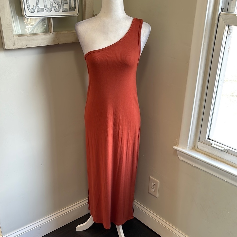 41 Hawthorn One Shoulder Fitted Ribbed Midi Dress Burnt Orange NWT